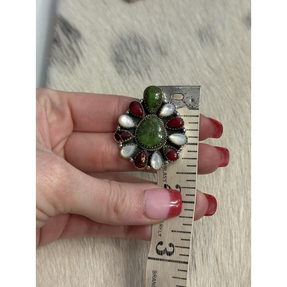 Sterling Silver Sonoran Gold Turquoise Red Dahlia MOP Huge Cluster Ring Adjust - Picture 8 of 14